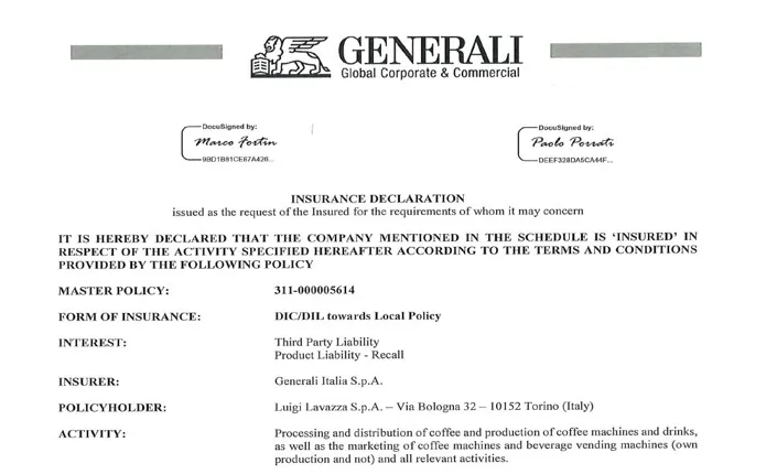Public and product liability insurance - Lavazza Professional UK